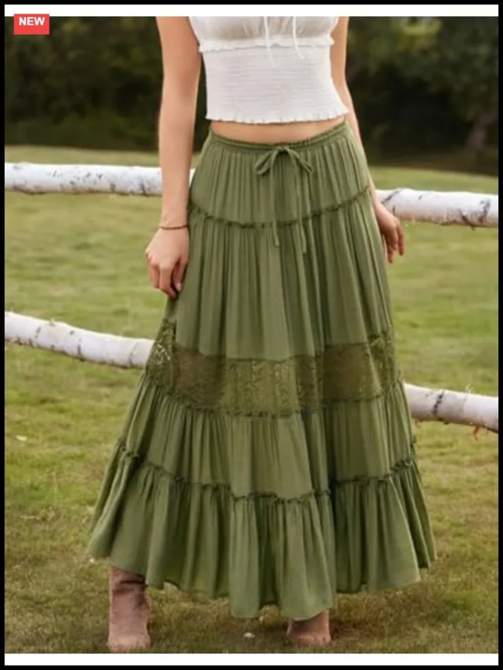 Boho Tiered Lace Maxi Skirt Flowy A-Line with Pockets Renaissance